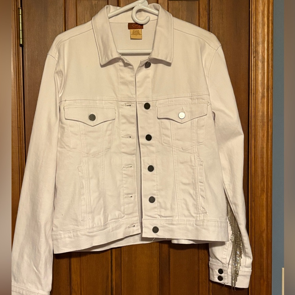 Scully Women's White Denim Jacket with Rhinestone Fringe